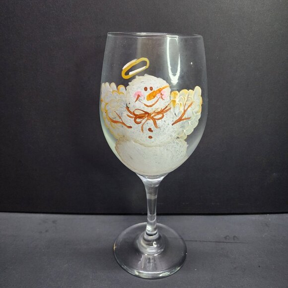 Hand Painted Snowman Angel Clear Stemmed Wine Glass 9'' Tall - Picture 1 of 6